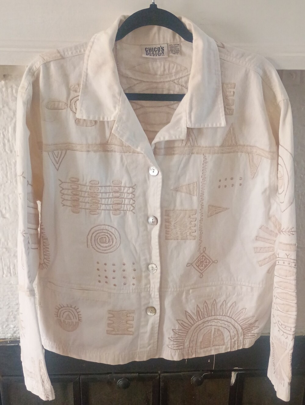 Chico's Cream Embroidered Button-Front Jean Jacket